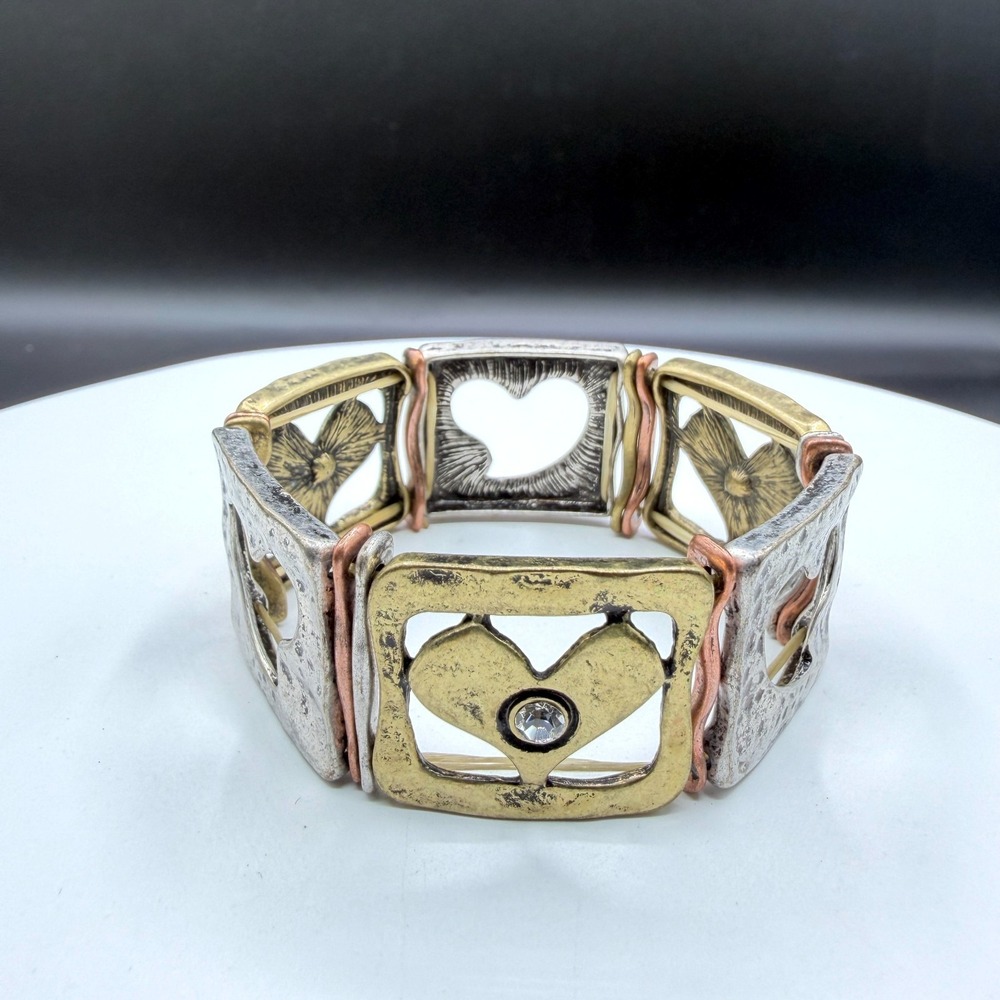 Mixed Metal Heart Stretch Bracelet Rhinestone Square Panel Boho Statement Gift